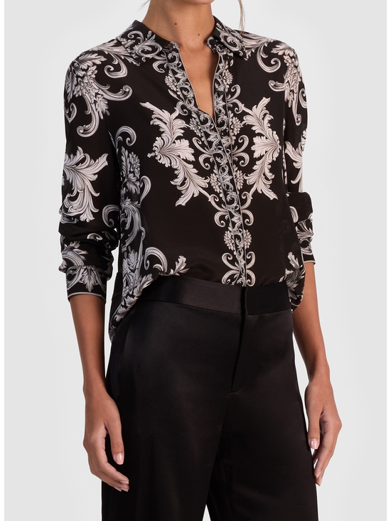 Alice + Olivia Tops - Alice + Olivia Black and Ivory Scroll-Print Button-Down Blouse